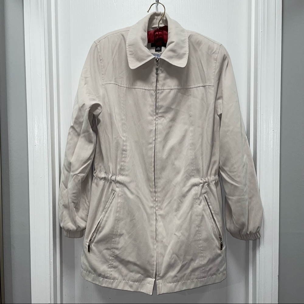 Gallery Utility Rain Jacket Trench Coat Plaid Lined Elastic Waist Midi Outerwear